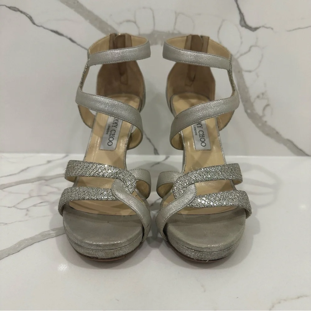 Jimmy Choo Authentic Designer Glittering Silver High Heels - Picture 4 of 16